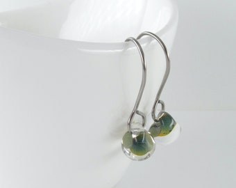 Kelp Green Drop Earrings, Lampwork Glass Short Dangles, Niobium or Sterling Silver