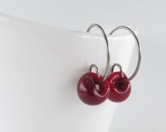 Small Red Hoops, Crimson Red Glass Drop Earrings, Sterling Silver or Hypoallergenic Niobium, Minimalist Jewelry