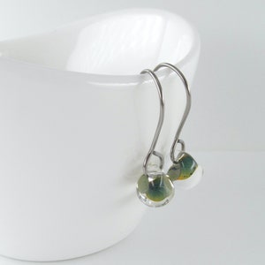 Kelp Green Drop Earrings, Lampwork Glass Short Dangles, Niobium or Sterling Silver