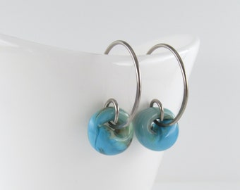 Blue Green Swirl Hoops, Small Wire Earrings, Lampwork Glass Drop Jewelry, Sterling Silver or Hypoallergenic Niobium, Gift under 30