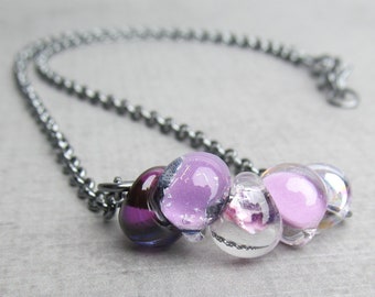 Ombre Purple Necklace, Lilac Lavender Glass Beads, Sterling Silver, Lampwork Drops