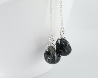 Swirled Ink Black Ear Threads, Sterling Silver Threaders, Glass Earrings