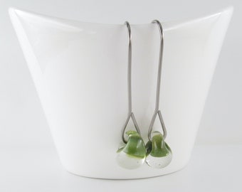 Leaf Green Long Drop Earrings, Niobium Dangles, Lampwork Glass Jewelry, Bright or Oxidized Sterling Silver, Gift for Her