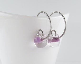 Small Lavender Hoops, Three Sizes Available, Light Purple Earrings, Lampwork Glass Drops, Sterling Silver or Niobium Wire Hoops