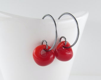 Blood Red Small Earrings, Sterling Silver or Niobium Wire Hoops, Lampwork Glass Beads, 3 Sizes Available, Handmade Jewelry