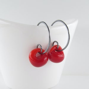 Blood Red Small Earrings, Sterling Silver or Niobium Wire Hoops, Lampwork Glass Beads, 3 Sizes Available, Handmade Jewelry