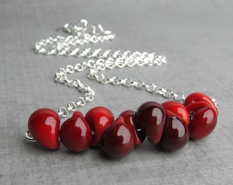 Red Glass Drop Bead Bar Necklace, Blood Red and Crimson Lampwork Beads, Sterling Silver, 18-20 Inches