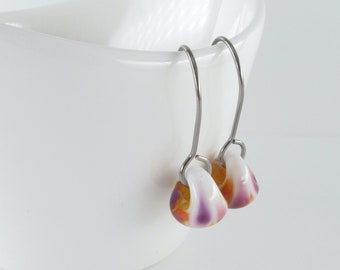 Mottled Honey Plum White Glass Drops, Lampwork Earrings, Sterling Silver or Niobium