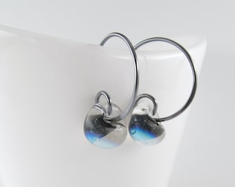 Dichroic Black Hoops, Sterling Silver or Niobium, Metallic Glass Lampwork Jewelry, Small Wire Hoop Earrings, Gift under 30