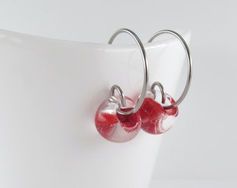 Small Tulip Red Earrings, Lampwork Glass Drop Hoops, Hypoallergenic Niobium or Sterling Silver, 3 Sizes Available