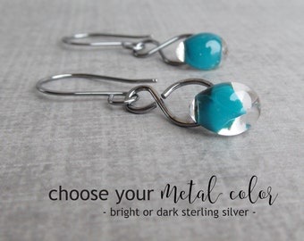 Dark Aqua Dangles, Sterling Silver Earrings, Lampwork Drops