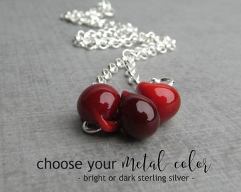 Minimalist Blood Red Necklace, Lampwork Glass Beads, Sterling Silver