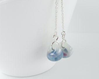 Hydrangea Blue and White Earrings, Long Glass Threaders, Sterling Silver Ear Threads