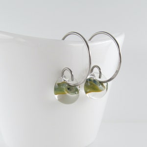 Kelp Green Earrings, 3 Sizes Available, Hypoallergenic Niobium or Sterling Silver, Small Wire Hoops, Green Glass Drops, Gift under 30