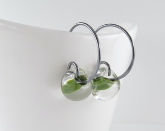 Small Leaf Green Earrings, Sterling Silver or Niobium Hoops, Lampwork Glass Beads, Handmade Hoops