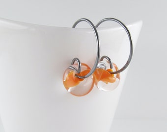 Mango Orange Hoops, Niobium or Sterling Silver Wire Earrings, Lampwork Glass Drops, Orange Jewelry Gift for Her