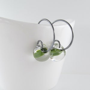Small Leaf Green Earrings, Sterling Silver or Niobium Hoops, Lampwork Glass Beads, Handmade Hoops