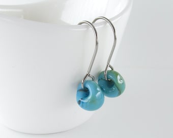 Blue Green Swirl Drops, Small Wire Earrings, Lampwork Glass Dangles, Sterling Silver or Niobium