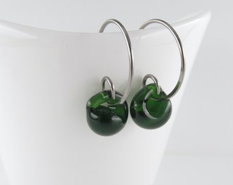 Forest Green Glass Drop Hoops, Small Lampwork Earrings, Sterling Silver or Niobium Wire Hoops