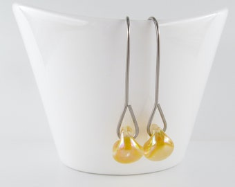 Dichroic Dandelion Yellow Earrings, Long Drop Dangles, Lampwork Glass Beads, Sterling Silver or Hypoallergenic Niobium Ear Wires