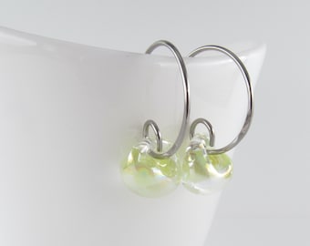 Limelight Yellow Hoops, Small Wire Earrings, Hypoallergenic Niobium or Sterling Silver, Pale Yellow Glass Drop Beads