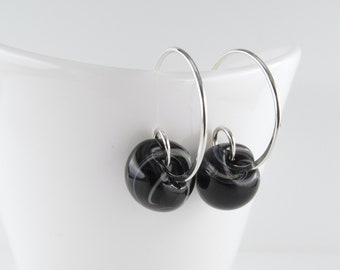 Swirled Ink Black Bead Hoops, Dark Lampwork Glass Earrings, Niobium or Sterling Silver, Earrings under 30, Three Sizes Available,