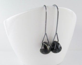 Swirled Ink Black Long Drop Earrings, Lampwork Glass Beads, Sterling Silver or Niobium Ear Wires, 1.5 Inches, Made in USA