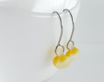 Frosted Dandelion Yellow Earrings, Small Glass Drop Dangles, Niobium or Sterling Silver