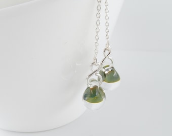 Kelp Green Threaders, Sterling Silver Pull Through Earrings, Glass Drops