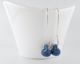 Steel Blue Lampwork Glass Drop Sterling Silver Earrings
