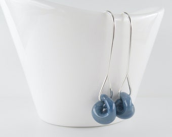 Dusty Blue Long Drop Earrings, Lampwork Glass Beads, Minimalist Ear Wires, Sterling Silver or Hypoallergenic Niobium