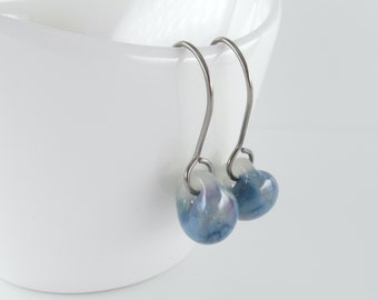 Hydrangea Drop Earrings, Blue Purple White Small Dangles, Lampwork Glass, Sterling Silver or Niobium