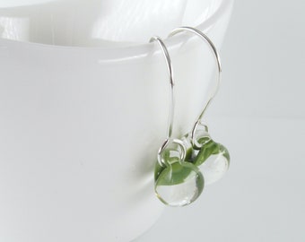 Leaf Green Glass Drop Earrings, Short Dangles, Lampwork Beads, Hypoallergenic Niobium or Sterling Silver, Everyday Earrings