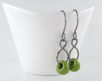 Moss Green Glass Dangles, Lampwork Beads, Sterling Silver or Hypoallergenic Niobium