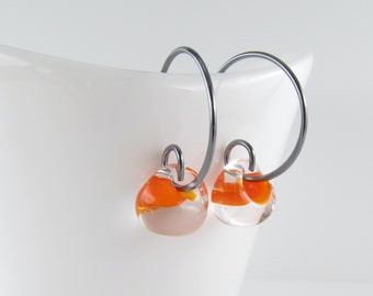 Small Silver Hoop Earrings, Tangerine Orange Glass Beads, Available in 3 Sizes in Sterling Silver or Niobium