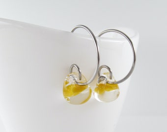 Dandelion Yellow Glass Earrings, Small Silver Hoops, Lampwork Jewelry, Niobium or Sterling Silver, 3 Sizes, Gift for Mom