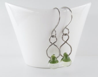 Leaf Green Dangles, Lampwork Glass Drops, Sterling Silver or Niobium Ear Wires, Lightweight Earrings