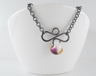 Mottled Honey Plum White Glass Drop Necklace, Small Sterling Silver Flourish Pendant