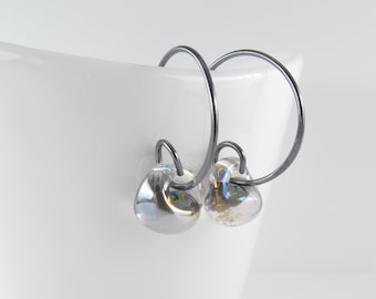 Gunmetal Gray Small Hoops, Lampwork Glass Drop Earrings, Sterling Silver or Niobium Jewelry, Gift under 30