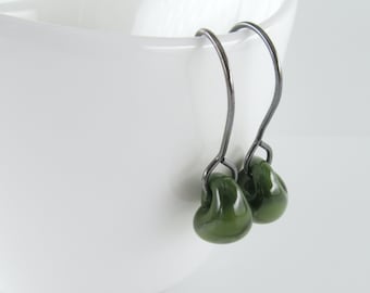 Army Green Small Dangles, Lampwork Glass Earrings, Hypoallergenic Niobium or Sterling Silver Drops