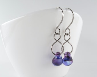 Heliotrope Purple Dangles, Long Sterling Silver or Niobium Earrings, Lampwork Glass Drops