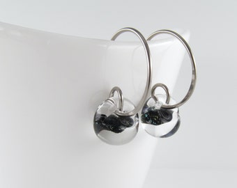 Black Sparkle Earrings, Sterling Silver, Black Lampwork Glass, Small Niobium Wire Hoops, Gift for Her