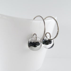 Black Sparkle Earrings, Sterling Silver, Black Lampwork Glass, Small Niobium Wire Hoops, Gift for Her