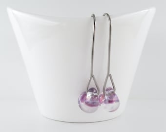 Mottled Lilac Long Drops, Purple Pink Glass Earrings, Sterling Silver or Niobium