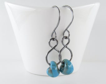 Blue Green Swirl Dangles, Long Sterling Silver Earrings, Glass Drop Beads, Nickel Free Niobium, Jewelry Gift for Women