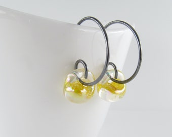 Dichroic Dandelion Yellow Earrings, Small Wire Hoops, Sterling Silver or Niobium, Yellow Jewelry Gift for Her