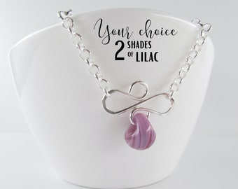 Lilac Glass Necklace, Small Sterling Silver Necklace, Flourish Pendant