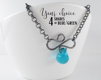 Blue Green Necklace, Sterling Silver Flourish Wire Pendant, Lampwork Glass