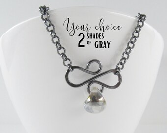 Gray Flourish Necklace, Sterling Silver, Grey Glass Bead