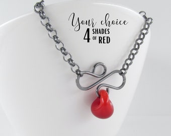 Petite Sterling Silver Necklace, Red Lampwork Glass Drop Bead, Flourish Wire Pendant, Available in 4 Shades of Red